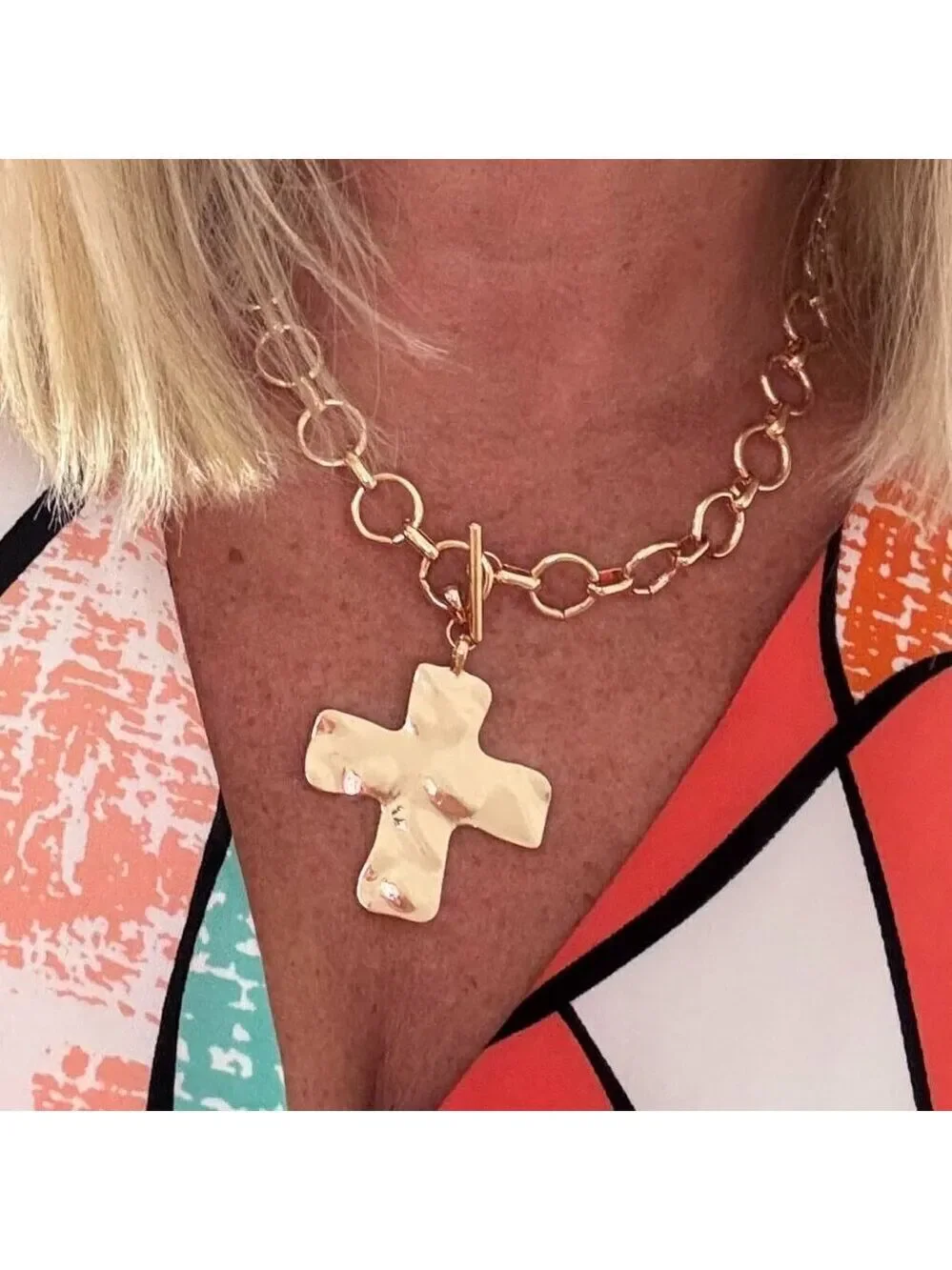 Chunky Necklace Cross Necklace Hammered Women Large Statement